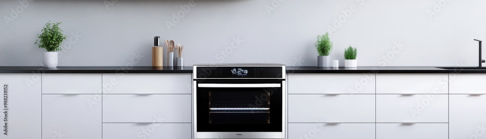 Fototapeta premium Modern kitchen interior featuring sleek cabinetry, stylish oven, and decorative plants creating a minimalist ambiance.