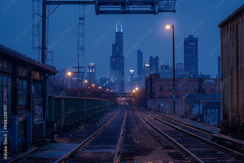 Fototapeta premium A quiet urban scene at dusk featuring train tracks leading to skyscrapers. The city skyline glows softly with lights in the evening. An evocative moment captured beautifully. Generative AI