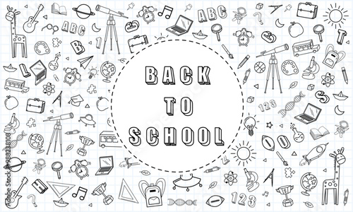Back to school text with school elements and items, of education banner design vector.