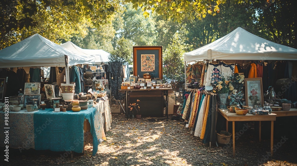A vintage-themed craft fair with stalls selling handmade quilts ...