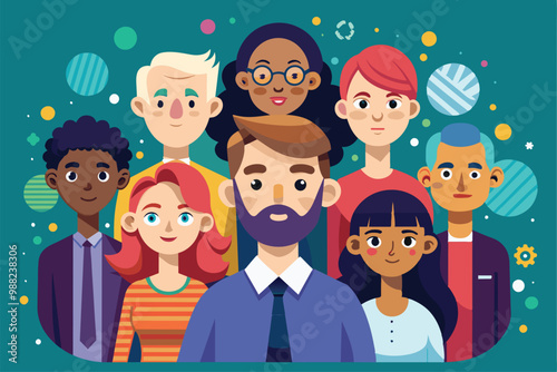 A diverse group of individuals with distinct hairstyles and styles poses together against a vibrant background filled with playful shapes.