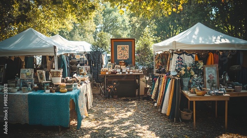 A vintage-themed craft fair with stalls selling handmade quilts, pottery, and vintage clothing, arranged in a circle around a central antique exhibit photo