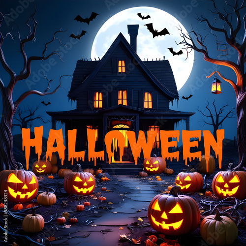  Halloween Background Illustration Spooky Night at the Pumpkin House photo