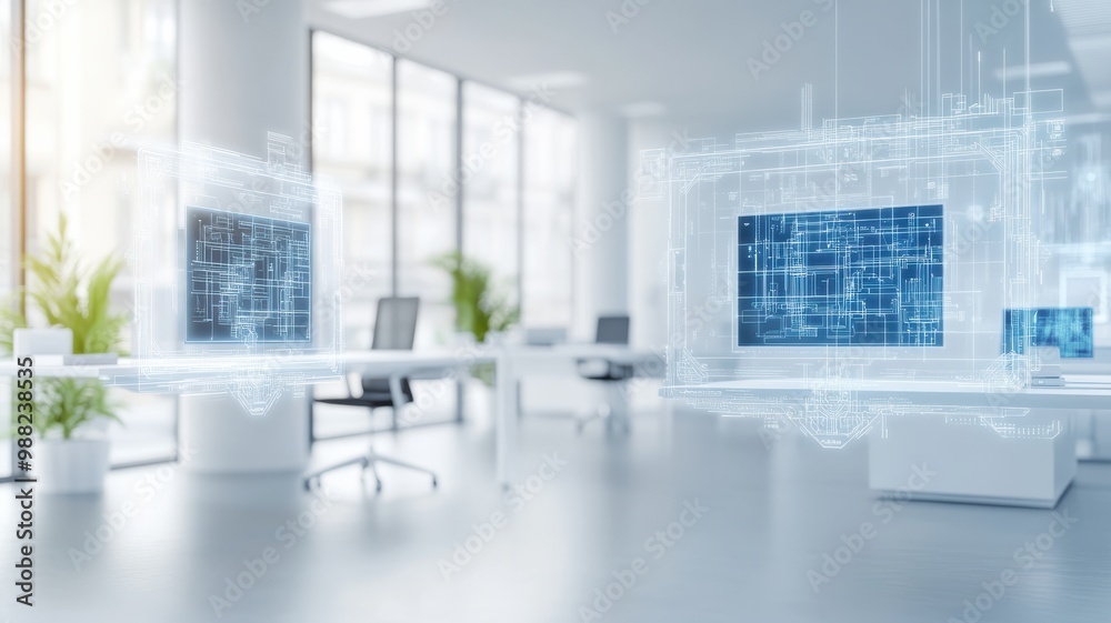 Fototapeta premium Modern office interior featuring digital screens, sleek furniture, and plants, creating a bright and innovative workspace.