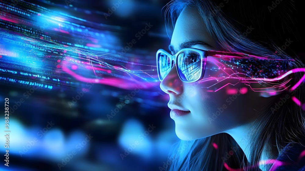 Woman with glasses, digital effect background Woman with glasses, digital effect background