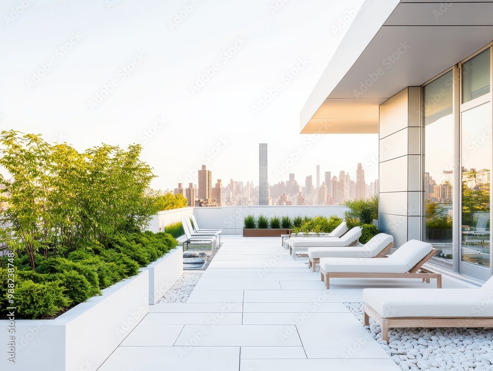 Fototapeta premium Modern rooftop terrace with lounge chairs, greenery, and city skyline view during sunrise. Perfect for relaxation and outdoor living.