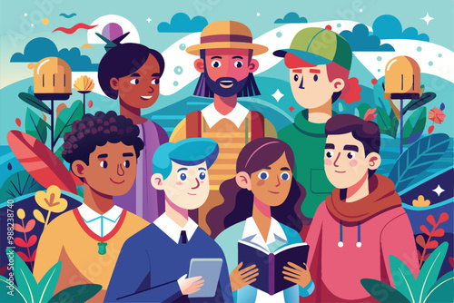 A diverse group of individuals interacts and shares knowledge in a colorful outdoor environment filled with plants and flowers.