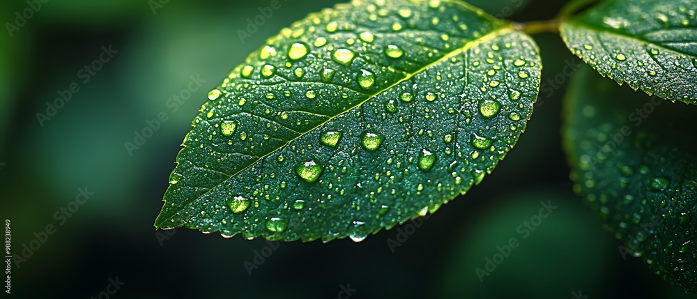 Close-up of a green leaf with raindrops. Close-up of a green leaf with raindrops.