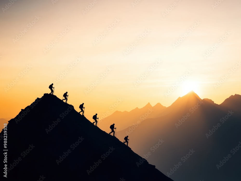 Silhouettes of climbers ascending a mountain at sunset, capturing the spirit of adventure and the beauty of nature. Silhouettes of climbers ascending a mountain at sunset, capturing the spirit of adventure and the beauty of nature.