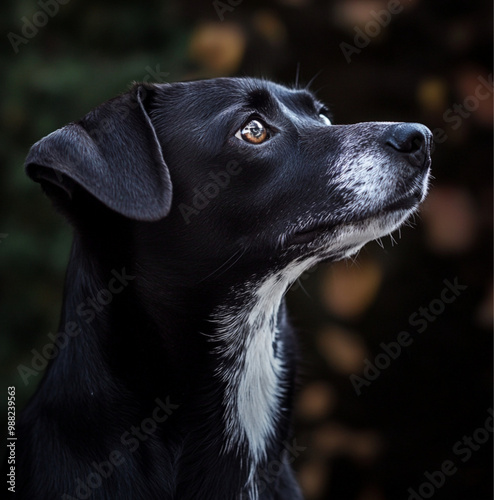 Dark black dog looking up studio background