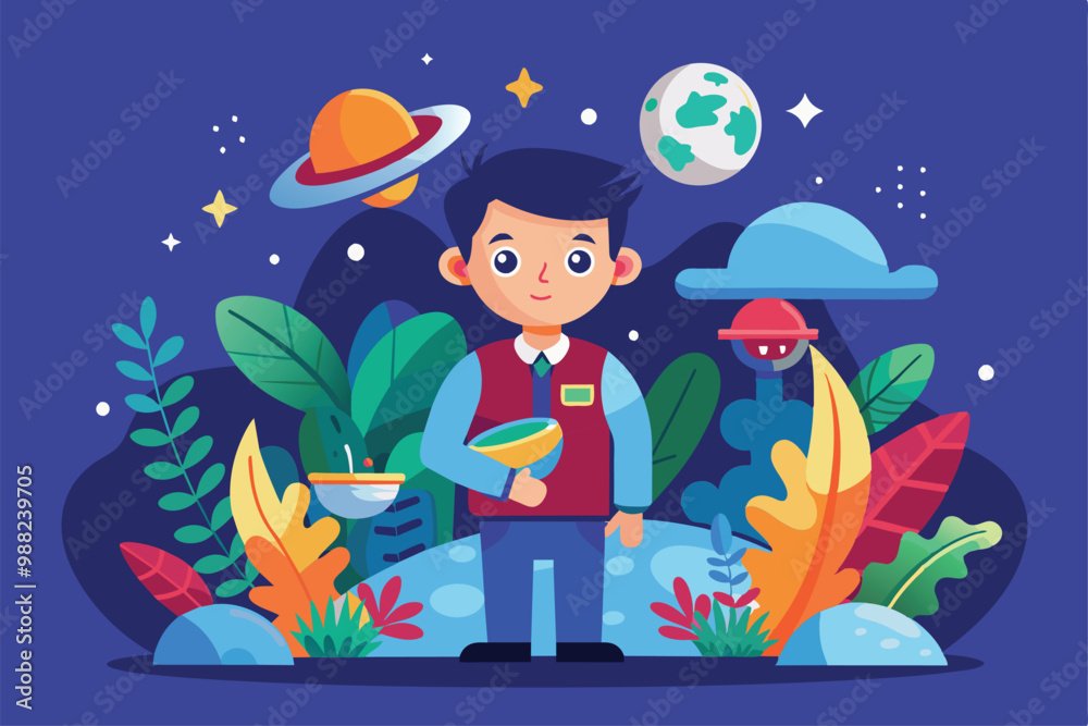 Naklejka premium A curious boy examines plants with a magnifying glass while surrounded by vibrant foliage and floating planets in a magical cosmic setting.