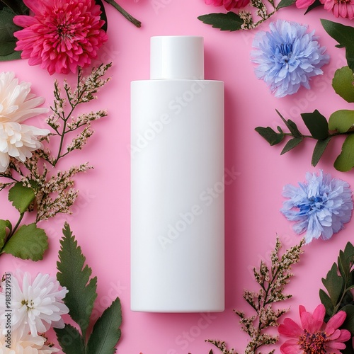 Minimalist white bottle surrounded by vibrant flowers on a pink background, perfect for beauty, skincare, or lifestyle product promotions.