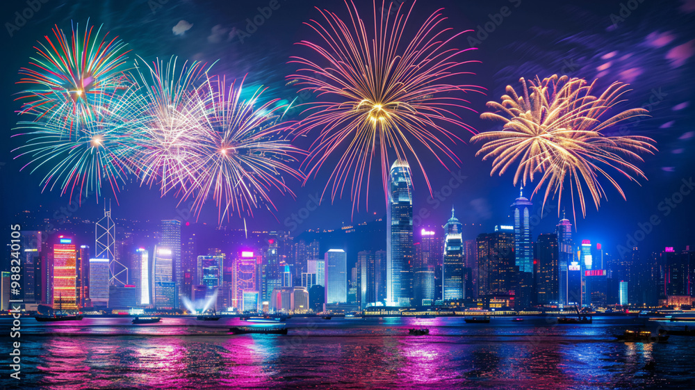 Fototapeta premium Bright fireworks exploding over illuminated city skyline