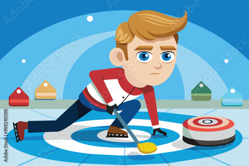A cartoon character participates in a curling match, skillfully sliding the stone across the ice toward the target rings.