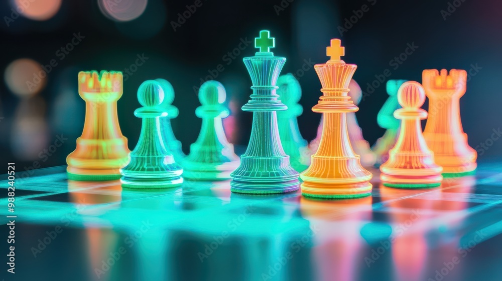 Vibrant chess pieces illuminated in neon colors create a striking visual on a chessboard, perfect for gaming and abstract themes. Vibrant chess pieces illuminated in neon colors create a striking visual on a chessboard, perfect for gaming and abstract themes.