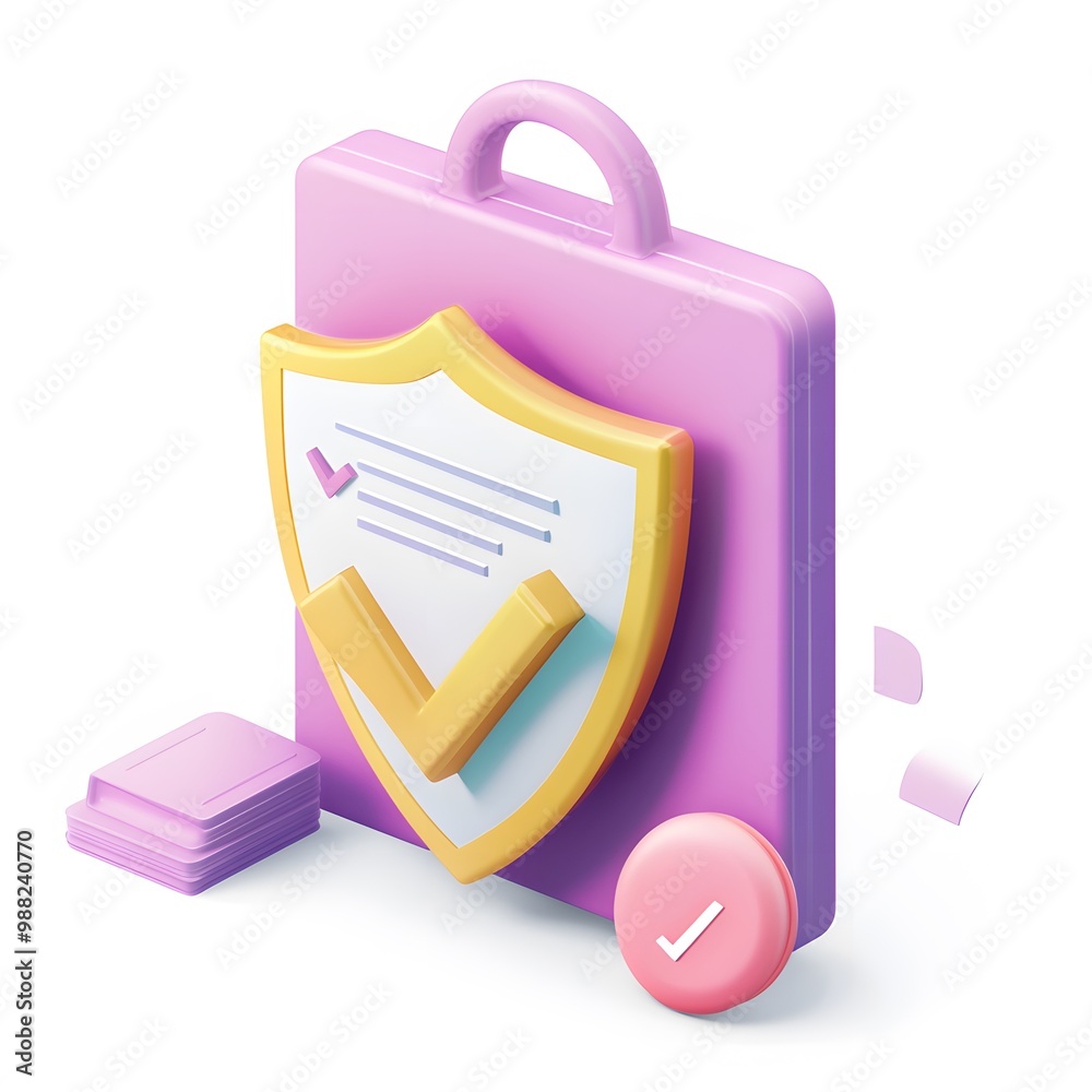 Document with shield and check mark. Health insurance, document security , data protection, finance and medical service concept. 3d vector icon. Cartoon minimal style. White background Document with shield and check mark. Health insurance, document security , data protection, finance and medical service concept. 3d vector icon. Cartoon minimal style. White background