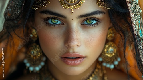 Close-up portrait of a woman with green eyes wearing traditional Indian jewelry.