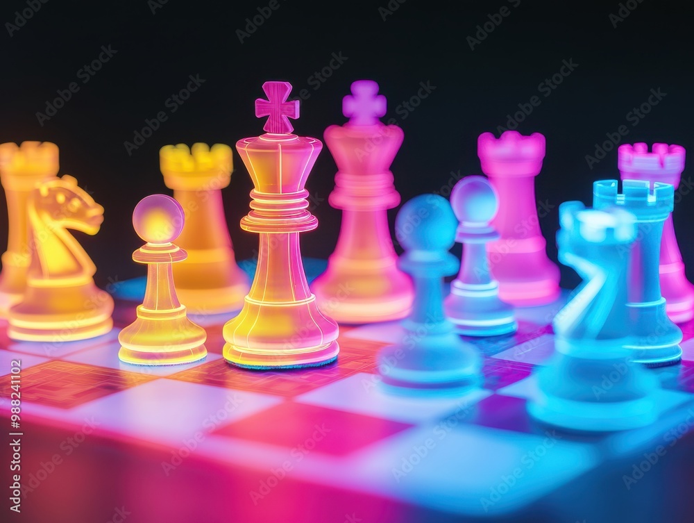 Vibrant neon chess pieces on a glowing board, showcasing strategy and competition in a striking, colorful setup. Vibrant neon chess pieces on a glowing board, showcasing strategy and competition in a striking, colorful setup.