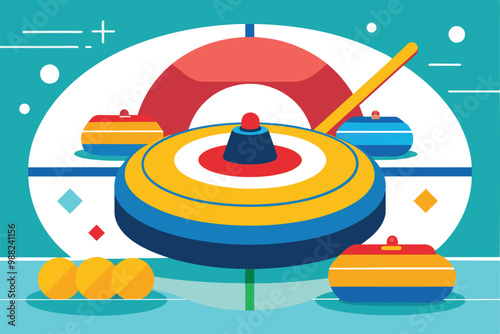 A vibrant illustration depicts a curling match in progress, highlighting the stones and target in a colorful indoor setting.