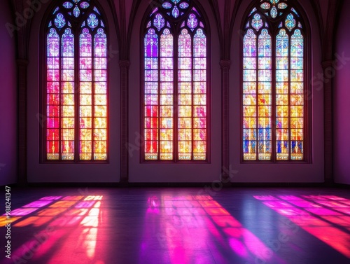 Vibrant stained glass windows casting colorful light patterns inside a serene architectural space.