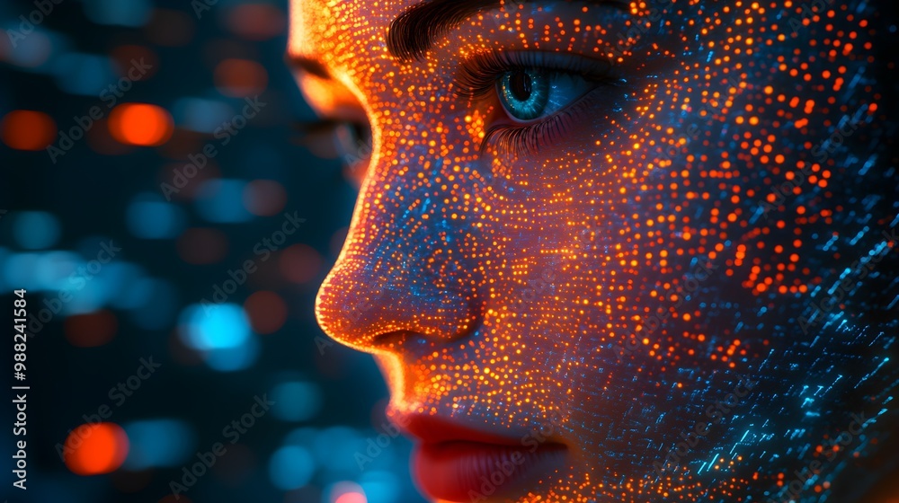 Human face with transparent skin revealing digital brain patterns, data streams flowing, futuristic, hologram effects, soft lighting, 3D render, vibrant tech colors Human face with transparent skin revealing digital brain patterns, data streams flowing, futuristic, hologram effects, soft lighting, 3D render, vibrant tech colors