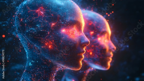 Wallpaper Mural Human heads formed of floating puzzle pieces, interconnected by glowing circuitry, representing complex relationships, cyberpunk, neon glow, high-detail 3D rendering Torontodigital.ca
