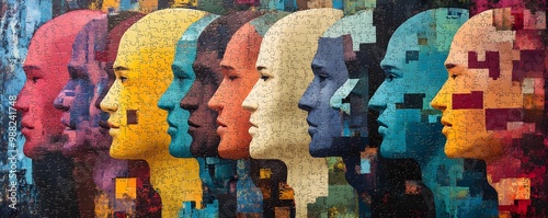 Human heads split into puzzle fragments, symbolic of shared thoughts, ideas, and the complex mechanics of human relationships, vibrant colors