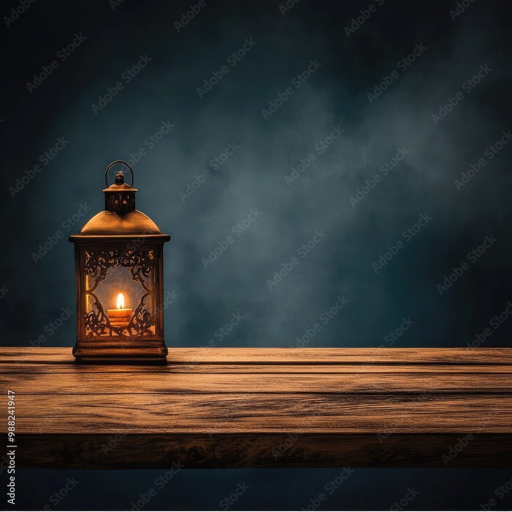 Lantern on a Wooden Table with Festive Lights in the Background Lantern on a Wooden Table with Festive Lights in the Background