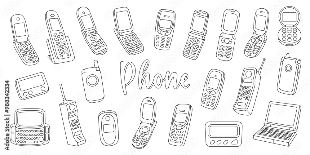 Retro phones outline set. Old communication gadgets. Mobile with buttons, phone with keypad, flip mobile, pager, beeper, cell phone, old telephone. Retro phones outline set. Old communication gadgets. Mobile with buttons, phone with keypad, flip mobile, pager, beeper, cell phone, old telephone.