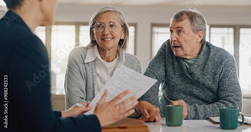 Discussion, documents and senior couple with financial advisor for retirement annuity saving account. Meeting, finance paperwork and elderly man and woman with investment banker for pension growth.
