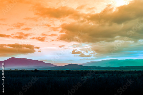 View along Doi Tao Lake at sunset in Chiang Mai Province, Thailand.