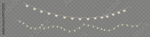 Lights bulbs border isolated on transparent background. Glowing fairy Christmas garland string.