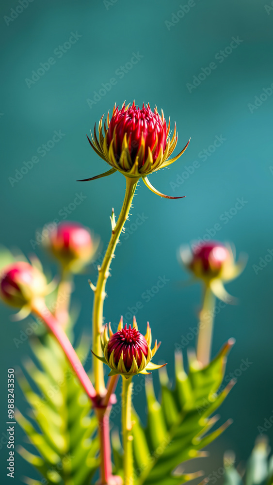 Close-up of Red Budding Flower Against Teal Background Close-up of Red Budding Flower Against Teal Background
