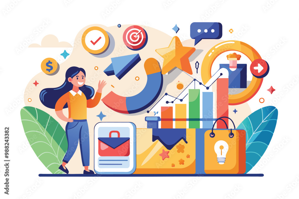 Obraz premium A cheerful woman presents various marketing tools like charts and icons, emphasizing customer attraction and sales discounts in a colorful, engaging design.
