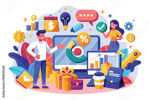 This illustration showcases modern marketing strategies focused on customer attraction and sales discounts in a vibrant business environment.