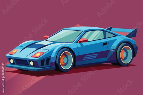 A striking blue sports car races forward on a sleek purple background, showcasing its customizable design and dynamic energy.