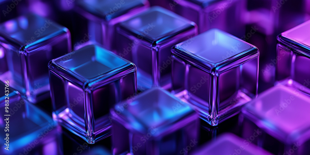 Obraz premium Close-up of purple and blue glass cubes forming an abstract geometric pattern on a black background, featuring smooth edges and reflections highlighting their shine.