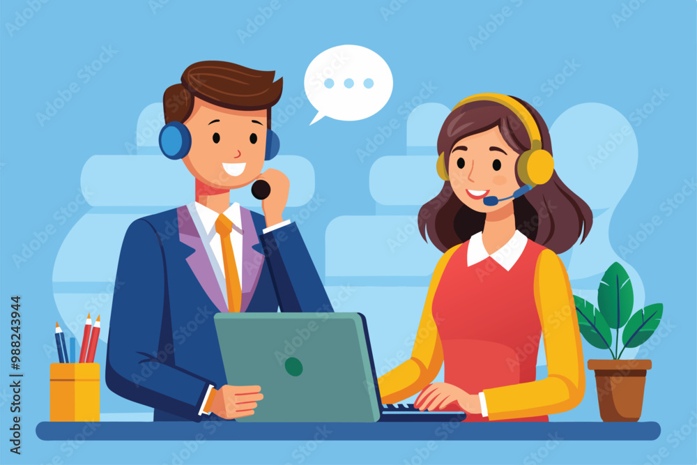 A customer service representative communicates with a colleague while assisting a client using a laptop in a bright office setting. A customer service representative communicates with a colleague while assisting a client using a laptop in a bright office setting.