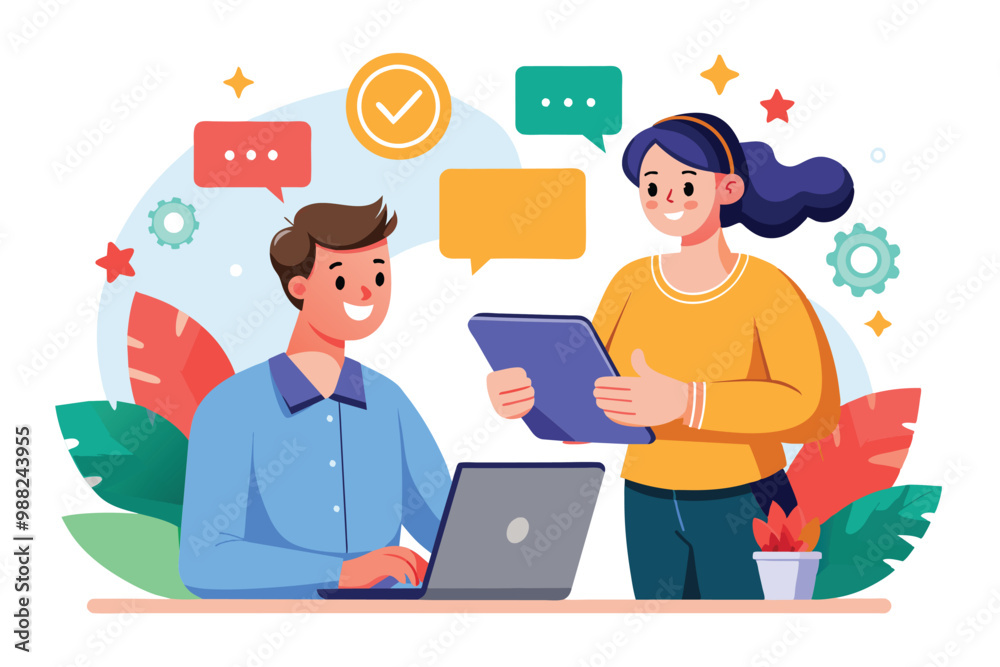 Two individuals interact in a lively workspace, sharing feedback with a tablet, while vibrant conversation bubbles surround them. Two individuals interact in a lively workspace, sharing feedback with a tablet, while vibrant conversation bubbles surround them.