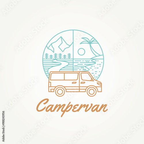 minimalist camper van caravan with a background of beach and mountains line art icon logo vector illustration design. simple modern travel, vacation, recreation logo concept