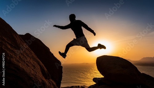 Silhouette of a man jumping from rock to rock