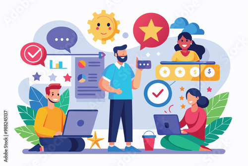 A diverse team collaborates in a vibrant workspace, discussing customer satisfaction using charts, visuals, and technology during a productive meeting.