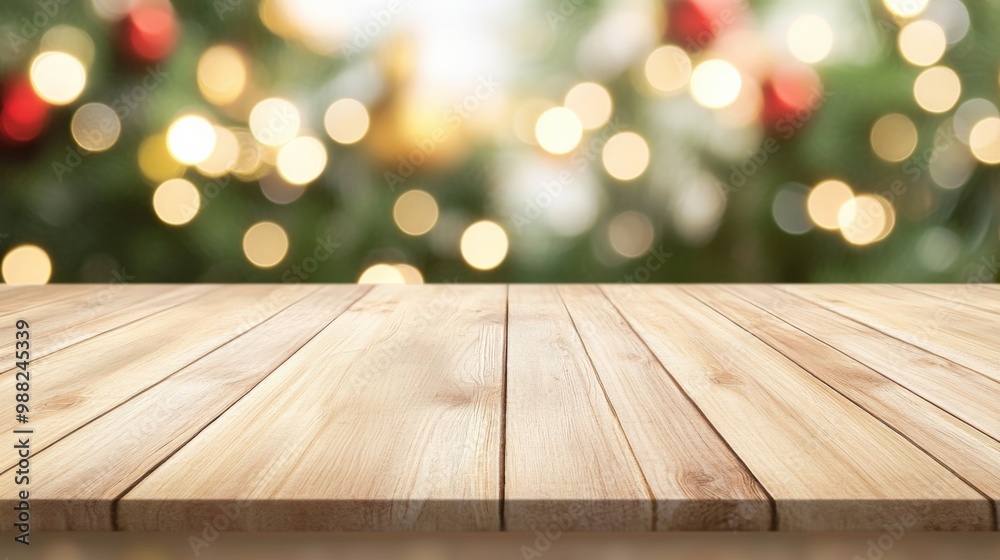 A warm wooden table with a blurred festive background adorned with colorful Christmas decorations and soft bokeh lights. A warm wooden table with a blurred festive background adorned with colorful Christmas decorations and soft bokeh lights.