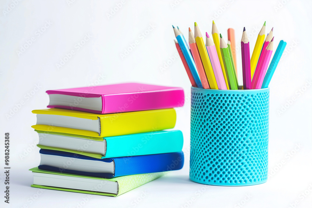 There are colorful books and pencils in a blue holder. There are colorful books and pencils in a blue holder.