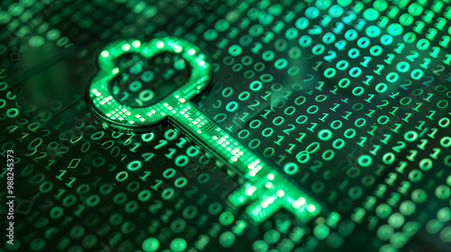 Glowing green digital key symbolizing cybersecurity and data encryption in modern information technology systems