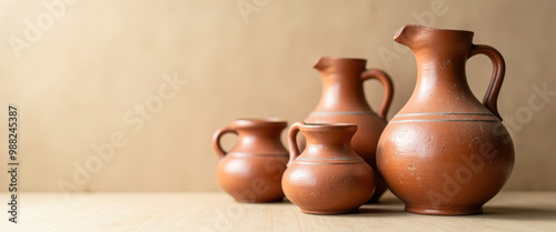 Rustic Clay Jugs on Wooden Table