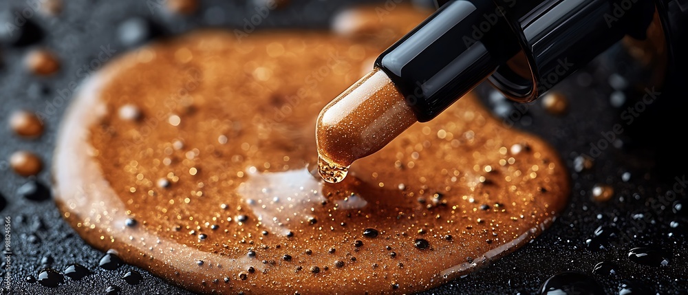 Dropper with shimmering liquid on black surface. Dropper with shimmering liquid on black surface.
