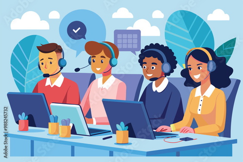 Customer service operators engage with clients using headsets while seated at computers, collaborating effectively in a bright and cheerful workspace.