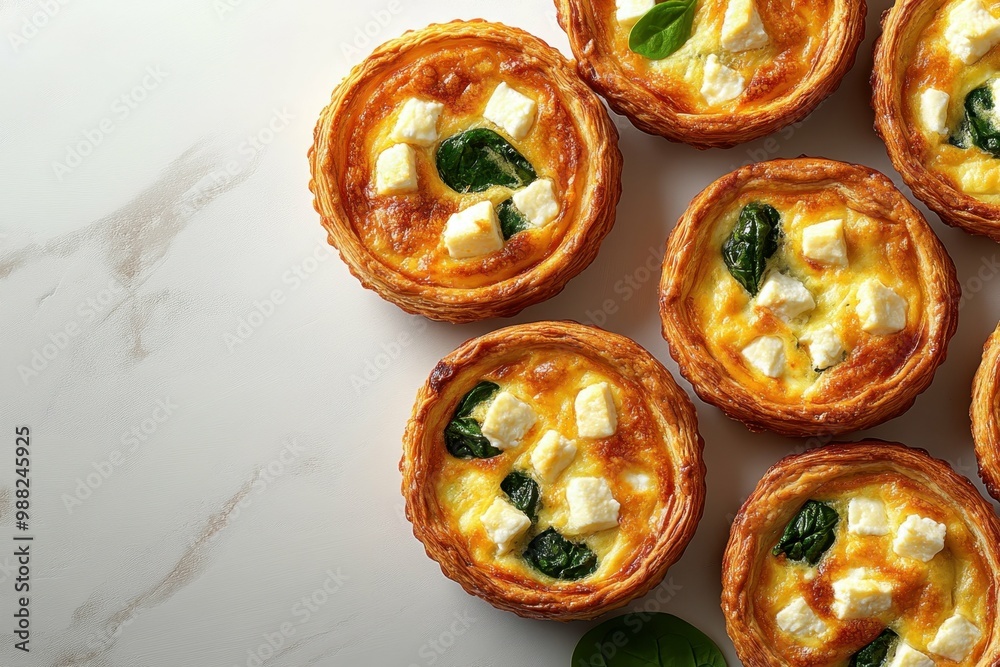 Mini quiches with spinach and feta, placed on the right side of a clean white table, professional overhead shot. Mini quiches with spinach and feta, placed on the right side of a clean white table, professional overhead shot.