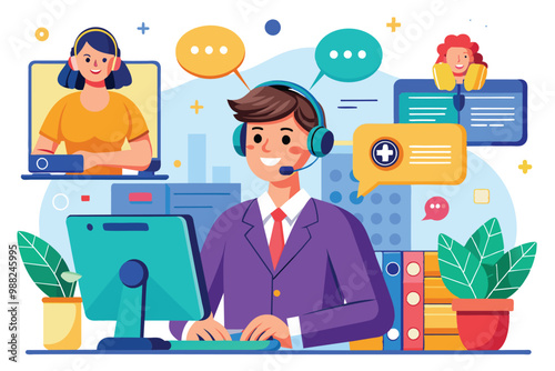 Customer support representatives effectively assisting clients through digital communication tools in a modern office environment.